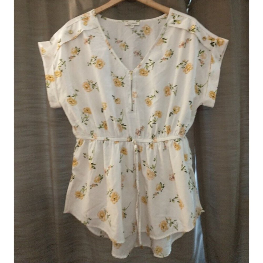 Women's Mileage Floral Print High Low Tie/Zip Front Yellow/White Blouse Size 1X